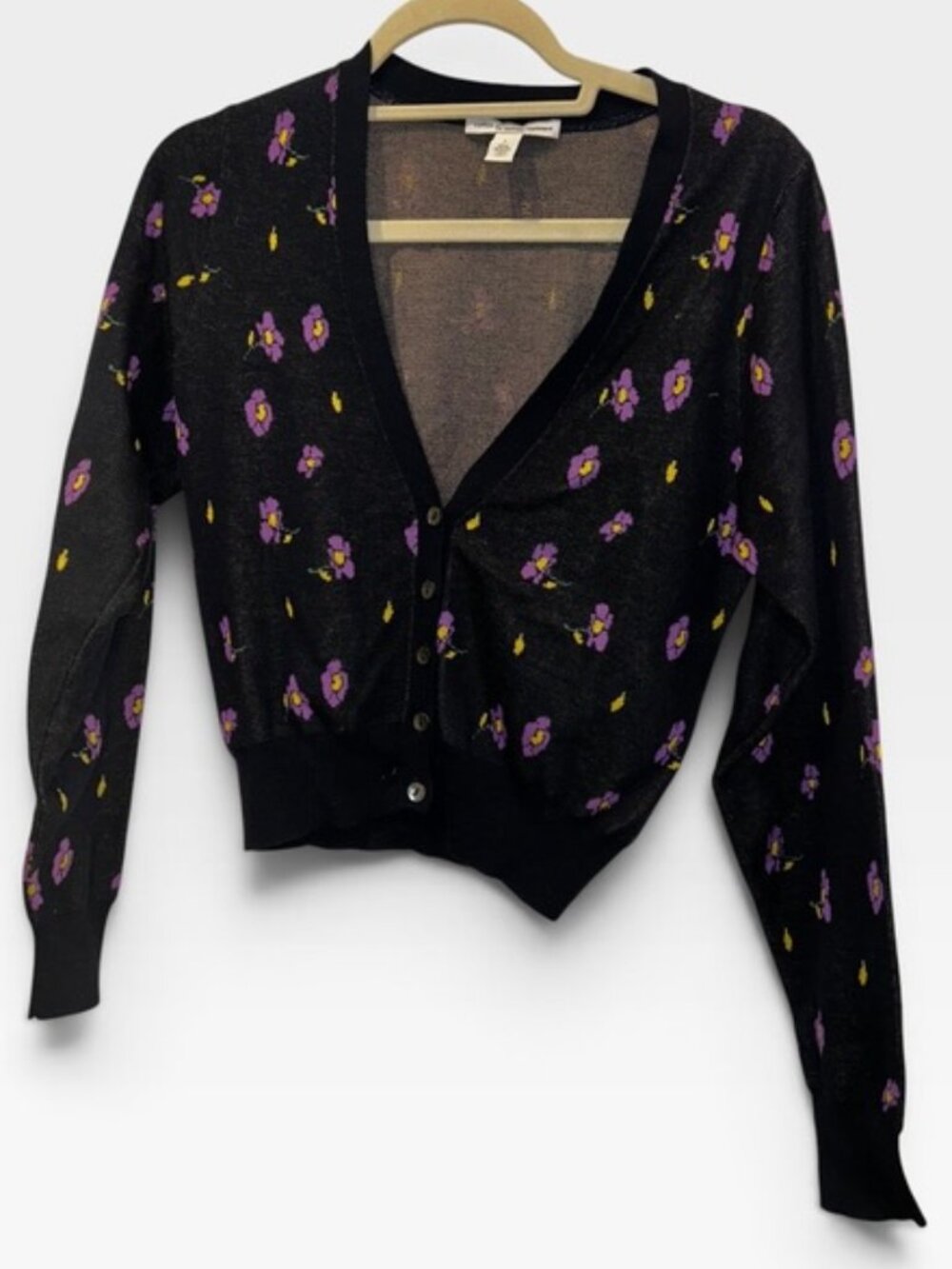 Cotton by Autumn Cashmere black purple intarsia knit flowers cardigan sweater S
